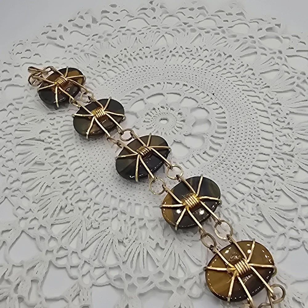 Vintage Tigers Eye Bracelet Stone Gold Tone 7 Inches MCM
